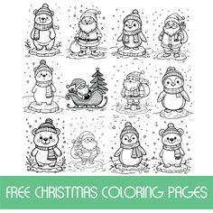 christmas coloring pages for kids with snowmen and penguins in winter clothes, including santa's sleigh