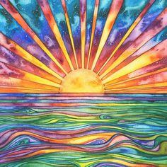 a painting of the sun rising over water with colorful clouds and waves in front of it