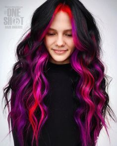 Instagram Multicolor Peekaboo Hair, Medium Length Hair Color Ideas Fun, Black Hair With Pop Of Color, Fun Natural Hair Color Ideas, Purple And Magenta Hair, Long Alternative Haircut, Purple And Red Hair, Red And Purple Hair, Halloween Hair Color Ideas