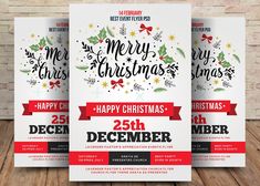 three christmas flyer templates with red and white ribbons, holly wreaths and stars