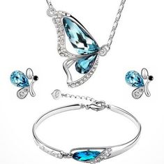 2016 New Butterfly Jewelry Sets Necklace + Earring+Bracelet Crystal Set Fashion Jewelry Bracelet Appears To Be For A Smaller Wrist. It Also Has A Broken Clamp (Shown In Image#3)...It Was Shipped Damaged. I Will Include The Broken Piece With It In Case You Are Able To Fix. Blue Crystal Jewelry Sets For Gifts, Blue Metal Jewelry Sets As A Gift, Light Blue Metal Jewelry For Gifts, Elegant Adjustable Blue Jewelry Sets, Butterfly Jewelry Necklace, Butterfly Jewelry Set, Butterfly Wedding, Crystal Jewelry Sets, Bracelet Crystal