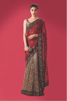 The skirt part of this Designer Saree is in fawn color on net fabric with thread embroidery. Pallu of this Designer Saree is in red color sequin fabric with black colour embroidered borders. Blouse of this Designer Saree is also in black color with golden embroidery similar to black borders of the saree Color can be customised as per your requirements. Sabyasachi Saree, Sabyasachi Designer, Sabyasachi Sarees, Wedding Sarees Online, Sequence Saree, Designer Sarees Wedding, Indian Sari Dress, Sari Dress, Pakistani Wedding Outfits