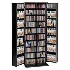 an entertainment center with several shelves full of dvd's