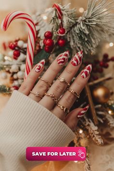 Who can resist the charm of candy cane-inspired nails? These red and white striped nails are fun, whimsical, and bring out the childlike joy of the holiday season. Whether you’re building gingerbread houses or attending a Christmas gathering, this design is sure to be a conversation starter. Red Gel Nails, Red Christmas Nails, Striped Nails, Christmas Gathering