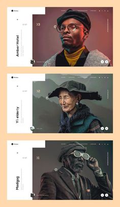 three different images of people with hats and glasses