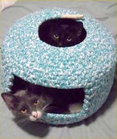 two cats sitting in a crocheted cat bed