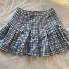 Cute Blue And White Plaid Skirt Never Worn Size L .Fit Like M Great Skirt But Too Shots For Me. Trendy Light Blue Mini Skirt, Preppy Cotton Skirt For Day Out, Preppy Blue Mini Skirt, Preppy Blue Pleated Skirt For Spring, Blue Preppy Tennis Skirt For Spring, Blue High Waist Pleated Tennis Skirt, Light Blue Lined Casual Skirt, Trendy Blue Pleated Bottoms, High Waist Light Blue Lined Mini Skirt