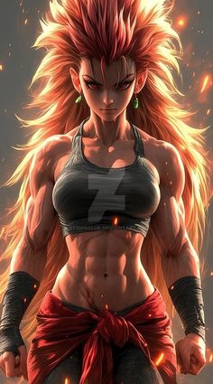 an anime character with red hair and muscular body