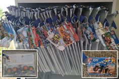 there are many different pictures hanging on the clothes pegs with tags attached to them