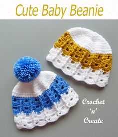 two crocheted hats with pom - poms are shown in blue, yellow and white