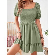 -Item Id 15913193 -Color: Green -Style: Boho -Pattern Type: Plain -Details: Ruffle Hem, Shirred -Neckline: Square Neck -Sleeve Length: Short Sleeve -Type: A Line -Sleeve Type: Puff Sleeve -Waist Line: High Waist -Hem Shaped: Flounce -Length: Mini -Fit Type: Regular Fit -Fabric: Non-Stretch -Material: Fabric -Composition: 100% Polyester -Care Instructions: Machine Wash Or Professional Dry Clean -Sheer: No **Open To Offers!!!** **Bundle To Save More** **30% Off Bundles Of 2 Or More Items!!** ***Or Square Neck Dress, Ruffle Hem Dress, Arte Popular, Hem Dress, Looks Vintage, Kids Beachwear, Green Fashion, Ruffle Hem, Outfit Inspirationen