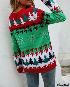 Olivia Mark - Christmas Geometric Snowflake Print Long Sleeve Sweater Straight Clothes, Women Wholesale, Round Neck Sweaters, Online Tops, Christmas Women, Christmas Pattern, Wholesale Fashion, Olivia Mark, Casual T Shirts