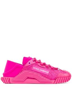 fuchsia pink leather panelled round toe slip on style lace panelling logo patch to the side chunky rubber sole branded laces Pink Designer Sneakers, Colorful Gym Shoes, Pink Nike Shoes, Slipon Sneakers, Chic Chic, Sneakers Pink, Dolce Gabbana Shoes, Pink Boots, Pink Nike