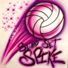 graffiti on the side of a wall with a volleyball ball in purple and pink spray paint