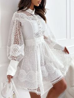 Spring Summer Women Solid O-Neck Mini Dress Loungewear Fashion Hollow Out Lantern Sleeve Ladies Dress Loungewear, Dress Streetwear, Loungewear Fashion, Backless Midi Dress, Printed Long Dresses, Elegant Dresses For Women, Strapless Mini Dress, Hot Dress, Lantern Sleeve