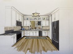 a drawing of a kitchen with wood floors and white cabinets, black appliances and an island