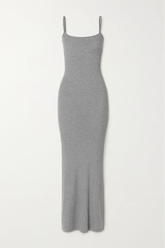 SKIMS' maxi dress is cut from ribbed stretch-modal jersey – you can really feel the soft finish. It's made to cling to your curves and has slim straps framing a square neckline. Wear yours while lounging at home and add sneakers if you're heading out for the day, or heels and your favorite purse for date night. Slim Long Dresses, Skims Ribbed Dress, Grey Long Dress Outfit, Chic Seamless Maxi Dress, Fitted Seamless Maxi Dress, Stretch Ribbed Maxi Dress, Ribbed Stretch Maxi Dress, Fitted Modal Maxi Dress, Elegant Fitted Maxi Dress In Modal