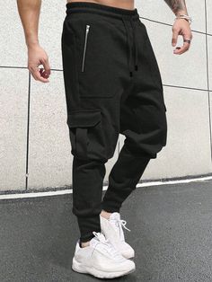 Men Flap Pocket Side Drawstring Waist Sweatpants Black    Knitted Fabric Plain Jogger Slight Stretch  Men Clothing, size features are:Bust: ,Length: ,Sleeve Length: Men’s Sweatpants, Grey Colour Suit, Fleece Tights, Jogger Pants Casual, Men's Sweatpants, Hoodie And Sweatpants, Casual Joggers, Womens Tights, Camisa Polo