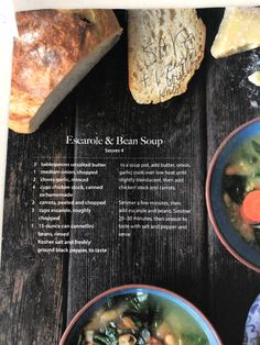 a cookbook with pictures of soups and bread