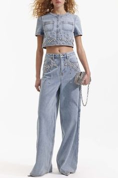 self-portrait-Embellished Jeans- Outfit For Blue Jeans, Resort 2025, Dress Fabrics, Denim Crop Top, Embellished Denim, Embellished Jeans, Cargo Skirt, Washed Denim, Light Blue Denim