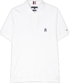 Classic White T-shirt With Ribbed Collar, Classic Tommy Hilfiger Summer T-shirt, Classic Tommy Hilfiger T-shirt For Summer, Classic White Polo Shirt With Embroidered Logo, Classic White Cotton Polo Shirt, Classic Top With Collared Neckline And Embroidered Logo, Classic Top With Embroidered Logo And Collared Neckline, White Polo Collar T-shirt With Embroidered Logo, White Classic T-shirt With Ribbed Collar