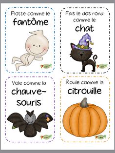 four different french words with pictures of animals and pumpkins on the front, one for halloween