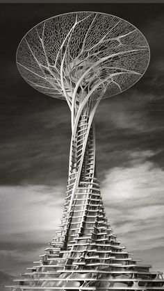 a very tall structure with many stairs and trees on it's sides in black and white