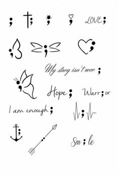 an image of some tattoos on the back of a white sheet with words and symbols