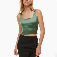 Aritzia Wilfred Shine Satin Bustier - Gallery Green New With Tags Size Xs Elegant Sleeveless Fitted Crop Top, Fitted Camisole Crop Top For Night Out, Fitted Crop Top For Summer Evenings, Fitted Satin Crop Top, Satin Cropped Crop Top For Date Night, Fitted Tank Top For Spring Night Out, Fitted Tank Top For Night Out In Spring, Fitted Sleeveless Evening Crop Top, Satin Cami Crop Top For Night Out