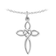 a cross pendant on a chain with an intricate design in the center and two leaves at the bottom