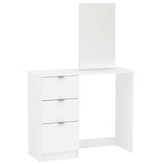 a white desk with two drawers and a mirror on it's side, against a white background