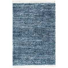 a blue and white rug with fringes on the bottom, in front of a white background