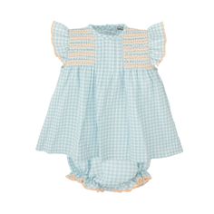 Brand: Babidu Reference: 93470 Color: Turquoise Materials: 100% Cotton Intended Age: Toddler Girl, Girl Description: Turquoise blue dress softly woven in a cotton seersucker. Patterned in an adorable gingham print, this flutter sleeve dress has bright coral orange smocking on the bodice and button fastenings on the front. Matching elasticated bloomers complete this pretty look. - Machine Wash 30 Degrees- Delicate Cycle - Fastens with buttons Size Guide: True to size. Approximate age Child's heig Turquoise Blue Dress, Gingham Top, Wrap Shoes, Gingham Tops, Cape Sleeves, Color Turquoise, Coral Orange, Flutter Sleeve Dress, Gingham Dress