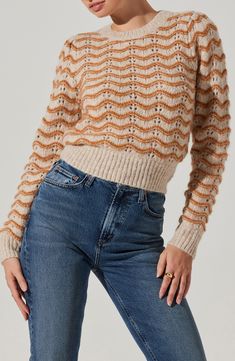 Wavy stripes are stitched into this fuzzy alpaca-kissed sweater framed by solid ribbing for an ultracomfy touch. Crewneck Long sleeves Ribbed cuffs and hem 55% acrylic, 40% nylon, 5% alpaca Dry clean Imported Stitch Sweater, Astr The Label, The Label, Alpaca, Sweater Top, Mustard, Dry Clean, Stripes, Womens Tops