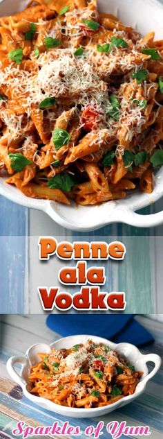 penne alla vodka with spinach and cheese in a white dish