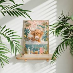 a cow is sitting on top of a shelf in front of some plants and a potted plant