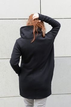 "Cowl Neck Hoodie, Plus Size Hooded Sweatshirt, Black Hooded Coat Express Shipping to the USA, UPS Courier for free Delivery 3-5 Business Days About this product... Zip up sweatshirt hoodie. An asymmetrical sweatshirt with capacious and comfortable pocket and side hidden pocket. Long sleeve sweatshirt with thumb holes which make it warm and comfortable. Very Good quality, soft fabric which stretches slightly to fit your body and is therefore very comfortable to wear. Sweatshirt made of: 90% cott Fall Techwear Sweatshirt With Double-lined Hood, Modern Long Sleeve Hoodie With Adjustable Hood, Modern Black Hooded Jacket For Winter, Fall Techwear Sweatshirt With Drawstring Hood, Modern Winter Outerwear With Funnel Neck, Modern Funnel Neck Winter Outerwear, Modern Hoodie With Double-lined Hood And Long Sleeves, Funnel Neck Sweatshirt With Double-lined Hood For Winter, Modern Long Sleeve Hoodie With Double-lined Hood