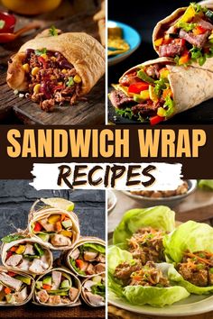 sandwiches and wraps are shown with the words sandwich wrap recipes written below them on it