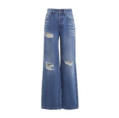 Concise-White Ripped Denim Flared Wide-Leg Jeans Dark Blue Size Chart ( in CM ) Waist Hip Length S 68 91 106 M 72 95 107 L 75 99 108 Materials: 100% Cotton Dark Ripped Jeans, Blue Jeans Ripped, Ripped Wide Leg Jeans, Blue Ripped Jeans, Dance Clothes, Jeans Dark Blue, Jeans Ripped, Fall Clothing, Dark Blue Jeans