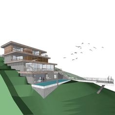 an architectural rendering of a house on top of a hill with seagulls flying around