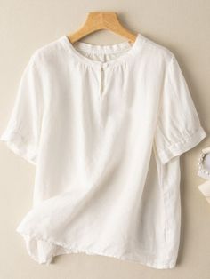 Women's Cotton Linen Shirt Short Sleeve Crew Neck Graceful Linen Blouse Solid Color Short Sleeve Cotton Blouse, Short Sleeve Solid Color Cotton Blouse, Cotton Short Sleeve Solid Color Blouse, Cotton Blouse With Short Sleeves In Solid Color, Plain Linen Summer Top, Plain Summer Workwear Tops, Casual Solid Color Tops For Daywear, Solid Color Short Sleeve Relaxed Fit Blouse, Solid Color Short Sleeve Blouse With Relaxed Fit