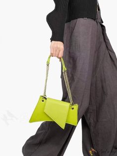 BirdinBag - Lime Chain Accented Flap Novelty Bag with Neon Finish Neon Bag, Chain Decor, Novelty Bags, Neon Orange, Square Bag, Chain Styles, Shoulder Bag Women, Bags Women, Patent Leather