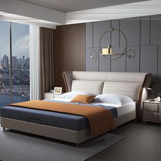 a bedroom with a large window and a bed in the middle, next to a cityscape