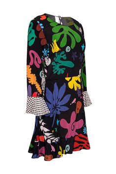 Add a playful pop of color to your wardrobe with the RIXO Black & Multi Color Graphic Print Silk Dress. Made from luxurious silk, this dress features a bold graphic print and open back with a polka dot ruffle detail, and pairs perfectly with a strappy black heel and a statement mini bag. Size L 100% Silk Unlined Invisible side zipper Open back with top tie strap Ruffle polka dot trim Bust 38" Waist 32" Shoulder to hem 35.25" Sleeve length 22.5" Multicolor Silk Midi Dress With Abstract Print, Multicolor Printed Silk Midi Dress, Trendy Multicolor Abstract Print Dress, Black Graphic Print Midi Dress For Spring, Chic Multicolor Viscose Midi Dress, Multicolor Graphic Print Dress For Party, Multicolor Graphic Print Party Dress, Multicolor Viscose Dress With Vibrant Print, Chic Multicolor Silk Mini Dress