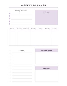 the printable weekly planner is shown in purple and white, with notes for each month