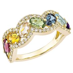 Presenting the rainbow Ring from Sunita Nahata's Rainbow Collection. This gorgeous ring is made up of vivid gemstones that reflect the rainbow's hues and symbolize hope, joy, and variety. This ring offers elegance and luxury while celebrating life's vibrant events. This 18-karat yellow gold ring has classic elegance and contemporary style, making it an ideal choice for any occasion. Rainbow Gemstone Ring in 18 Karat Yellow Gold with White Diamond. Tsavorite: 0.29 carat, 5X3mm size, oval shape. Sky Blue Topaz: 0.30 carat, 5X3mm size, oval shape. London Blue Topaz: 0.30 carat, 5X3mm size, oval shape. Amethyst: 0.24 carat, 5X3mm size, oval shape. Citrine: 0.24 carat, 5X3mm size, oval shape. Rhodolite: 0.35 carat, 5X3mm size, oval shape. Morganite: 0.18 carat, 5X3mm size, oval shape. White Dia Oval Multicolor Multi-stone Rings, Multicolor Oval Heirloom Ring, Heirloom Multicolor Oval Rings, Heirloom Style Multicolor Oval Rings, Multicolor Oval Ring With Gemstone Accents, Rainbow Multi-stone Rings In 14k Gold, 14k Gold Rainbow Multi-stone Rings, Fine Jewelry Multicolor Diamond Ring With Center Stone, Multicolor Oval Diamond Ring For Anniversary