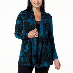 Colleen Lopez Printed Sweater Knit Cardigan with Pockets Fall Jacquard Knit Cardigan For Layering, Fitted Jacquard Knit Outerwear, Long Sleeve Jacquard Knit Outerwear, Jacquard Knit Long Sleeve Cardigan, Jacquard Knit Cardigan For Layering, Jacquard Knit Outerwear For Layering, Casual Long Sleeve Jacquard Knit Cardigan, Spring Blue Jacquard Knit Cardigan, Spring Jacquard Knit Long Sleeve Cardigan