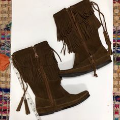 Excellent Condition Never Worn Leather Boots Bohemian Suede Boots With Fringe, Bohemian Suede Fringe Boots, Bohemian Style Fringe Suede Boots, Bohemian Suede Winter Boots, Bohemian Winter Suede Boots, Bohemian Fringe Boots With Round Toe, Bohemian Style Fringe Boots With Round Toe, Festival Leather Fringe Boots, Western Suede Fringe Boots