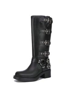 Elegant Women's Knee High Riding Boots Fashion Tend Buckle Square Toe Chunky Heel Wide Calf Biker Botas Largas De Mujer | SHEIN USA Knee High Riding Boots, Riding Boots Fashion, Boots Women Fashion, Womens Knee High Boots, Wide Calf, Kids Beachwear, Chunky Heel, Maternity Bag, Elegant Woman