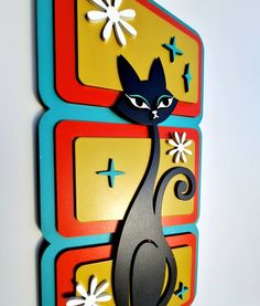 Vintage Inspired Sassy Cat Geometric Retro Sign for Mid Century Modern Wall Décor - Etsy Mid Century Design Graphic, Midcentury Graphics, Atomic Age Decor, Atomic Kitty, Mid Century Diy, Midcentury Modern Wall Art, Cat Geometric, Mcm Wall Art, Mid Century Modern Painting